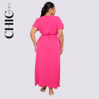 Plus size V-neck Short Sleeve Waist Drawstring Solid Color Dress
