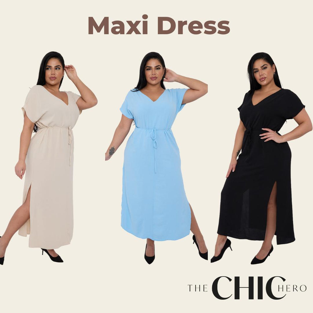 Plus size V-neck Short Sleeve Waist Drawstring Solid Color Dress