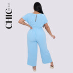 Plus Size V-neck Short-Sleeved Waist Drawstring Solid Color Jumpsuit