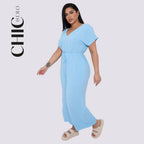 Plus Size V-neck Short-Sleeved Waist Drawstring Solid Color Jumpsuit