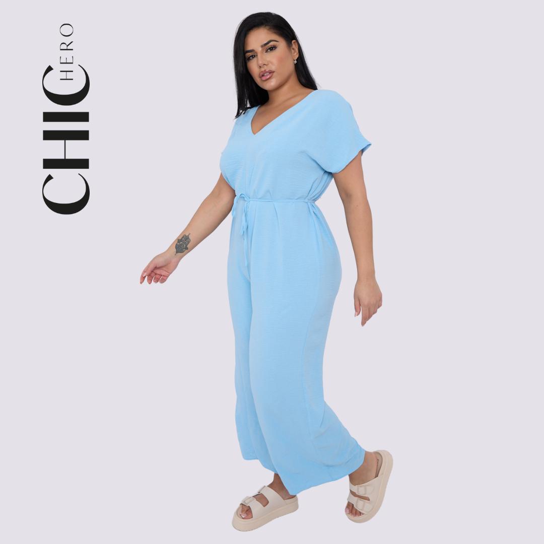 Plus Size V-neck Short-Sleeved Waist Drawstring Solid Color Jumpsuit