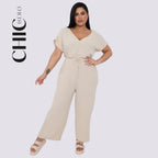 Plus Size V-neck Short-Sleeved Waist Drawstring Solid Color Jumpsuit
