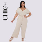 Plus Size V-neck Short-Sleeved Waist Drawstring Solid Color Jumpsuit