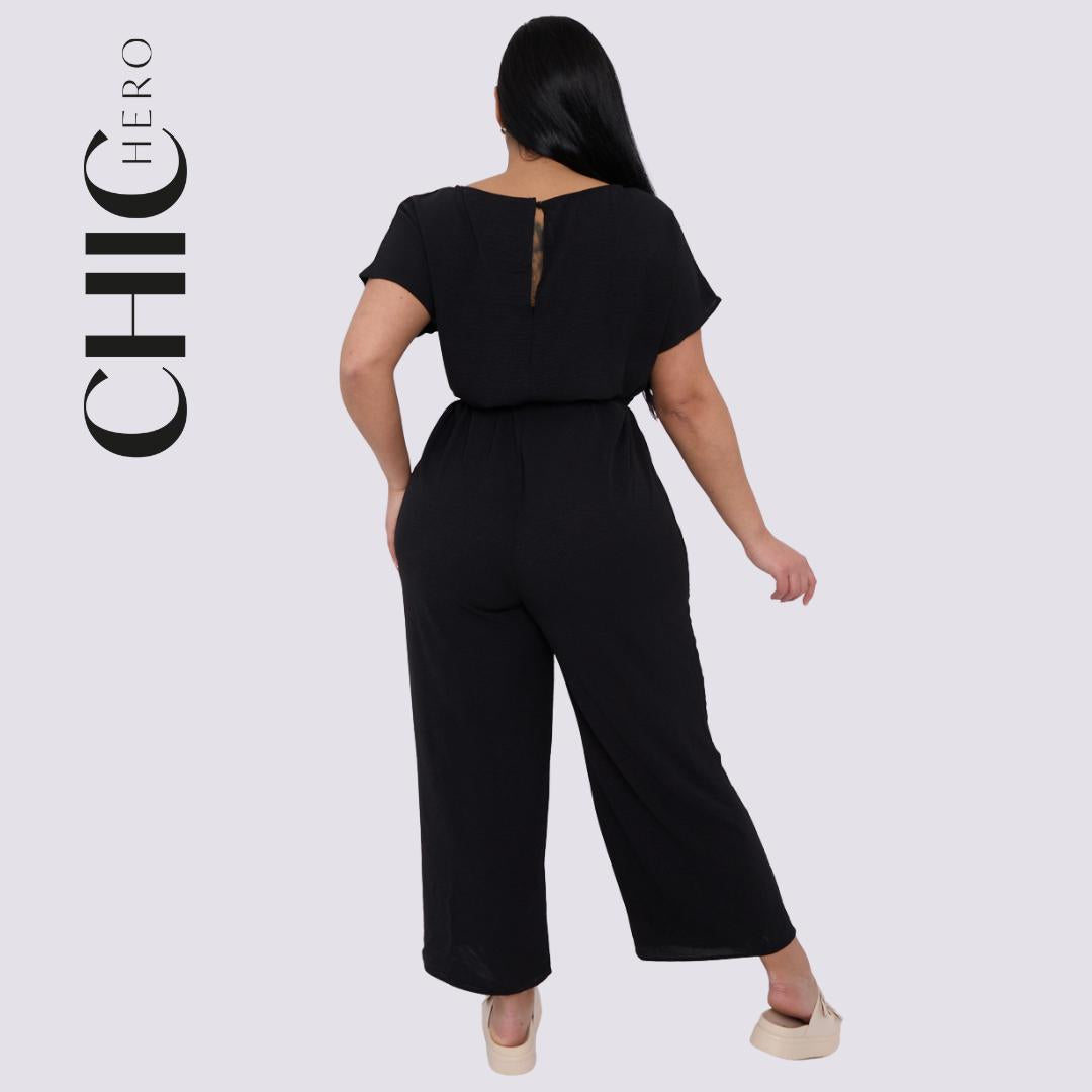 Plus Size V-neck Short-Sleeved Waist Drawstring Solid Color Jumpsuit