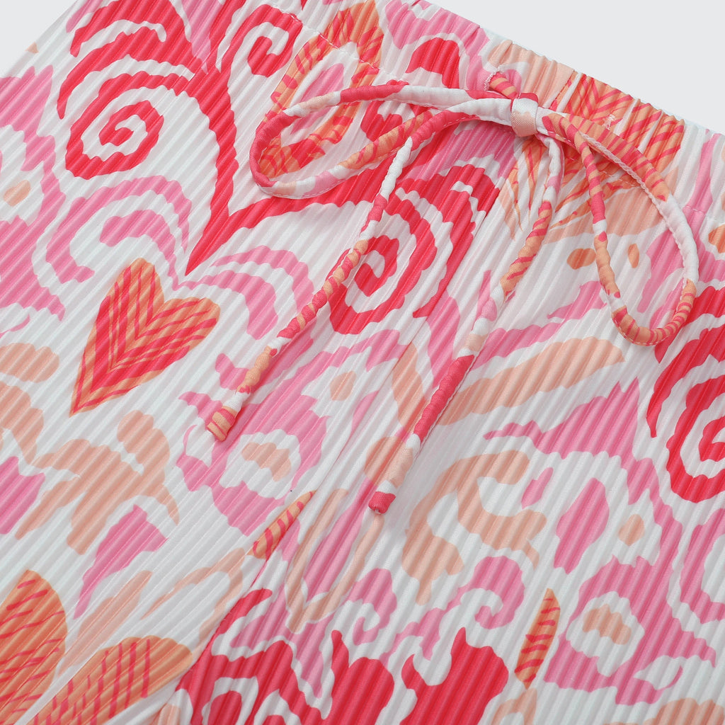 Pink Heart Abstract Prints V-Neck Vest Top & Pleated Pants