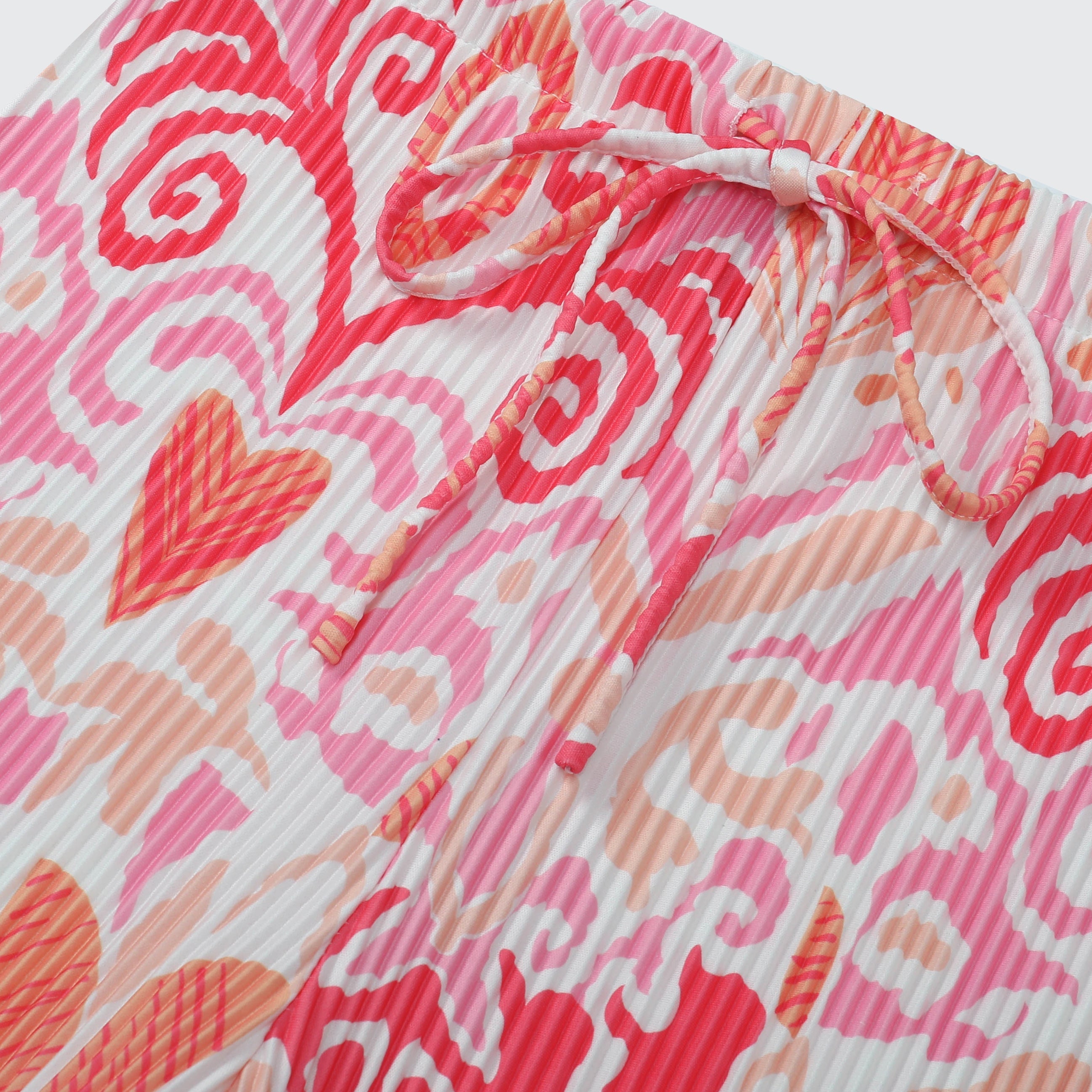 Pink Heart Abstract Prints V-Neck Vest Top & Pleated Pants