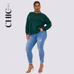 Plus Size Round Neck Short Sleeve Waist Long Sleeve Solid Color Suit
