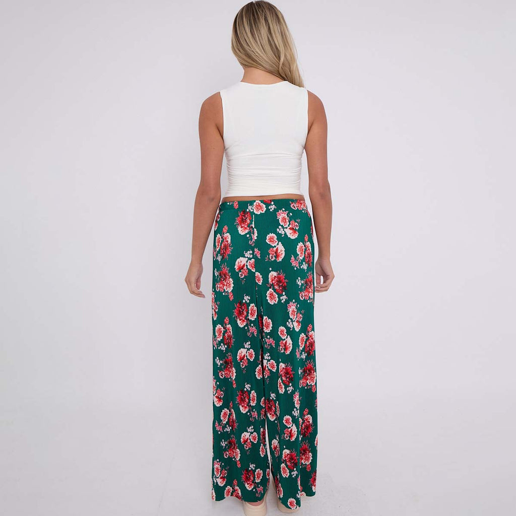 Dark Green Flower Print Abstract Wide-Leg Drawstring Palazzo Pleated Pants