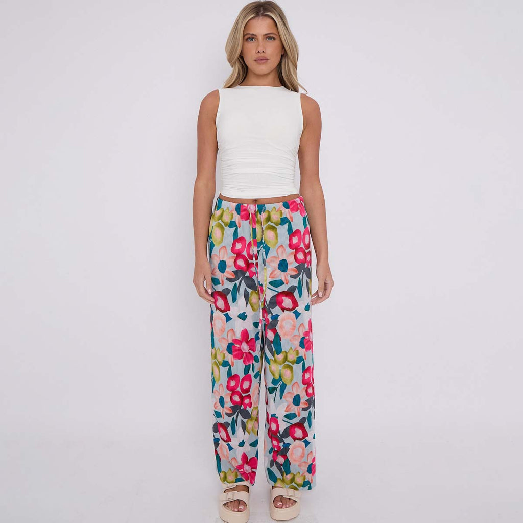 Pink Flower Print Abstract Wide-Leg Drawstring Palazzo Pleated Pants