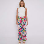 Pink Flower Print Abstract Wide-Leg Drawstring Palazzo Pleated Pants