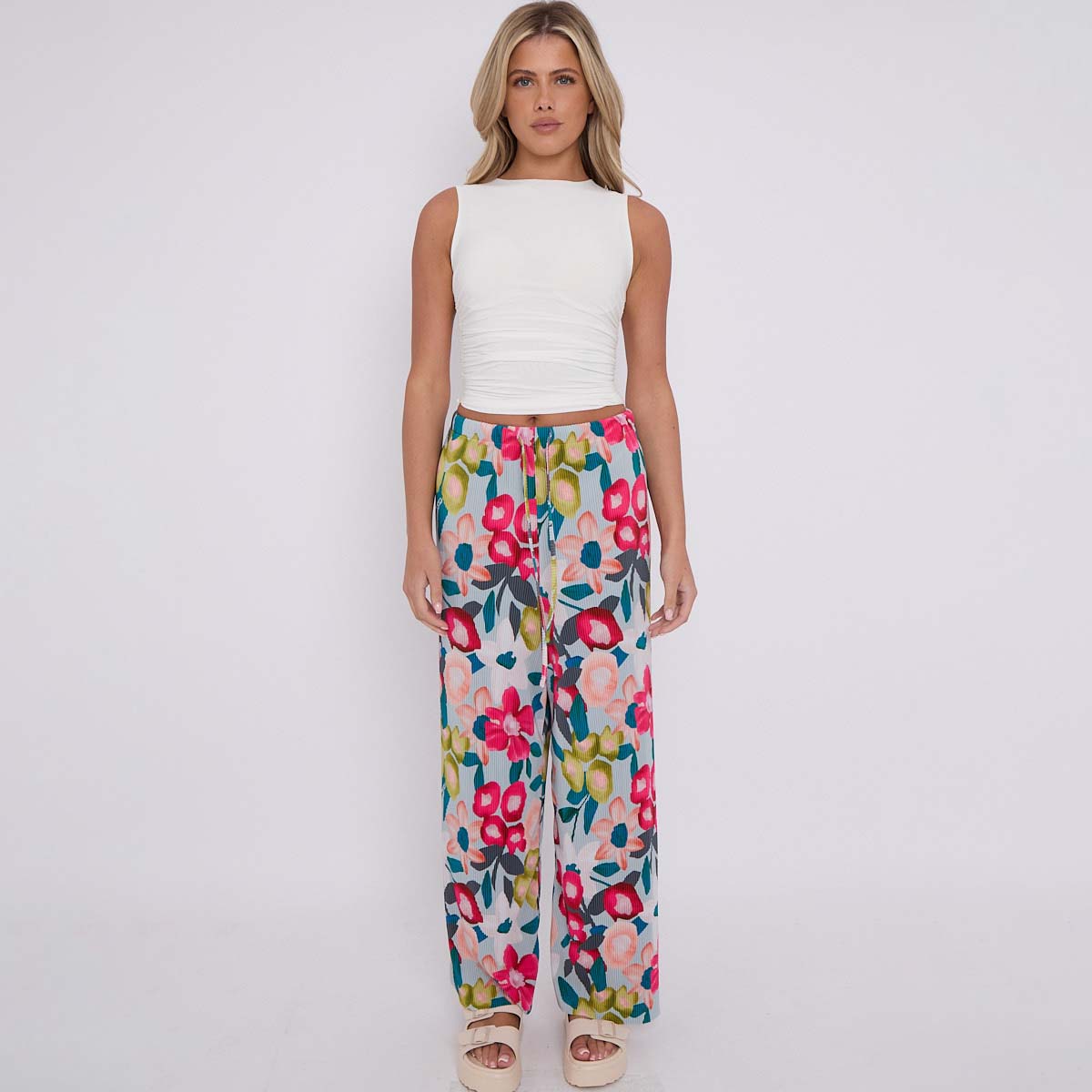 Pink Flower Print Abstract Wide-Leg Drawstring Palazzo Pleated Pants