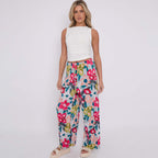 Pink Flower Print Abstract Wide-Leg Drawstring Palazzo Pleated Pants