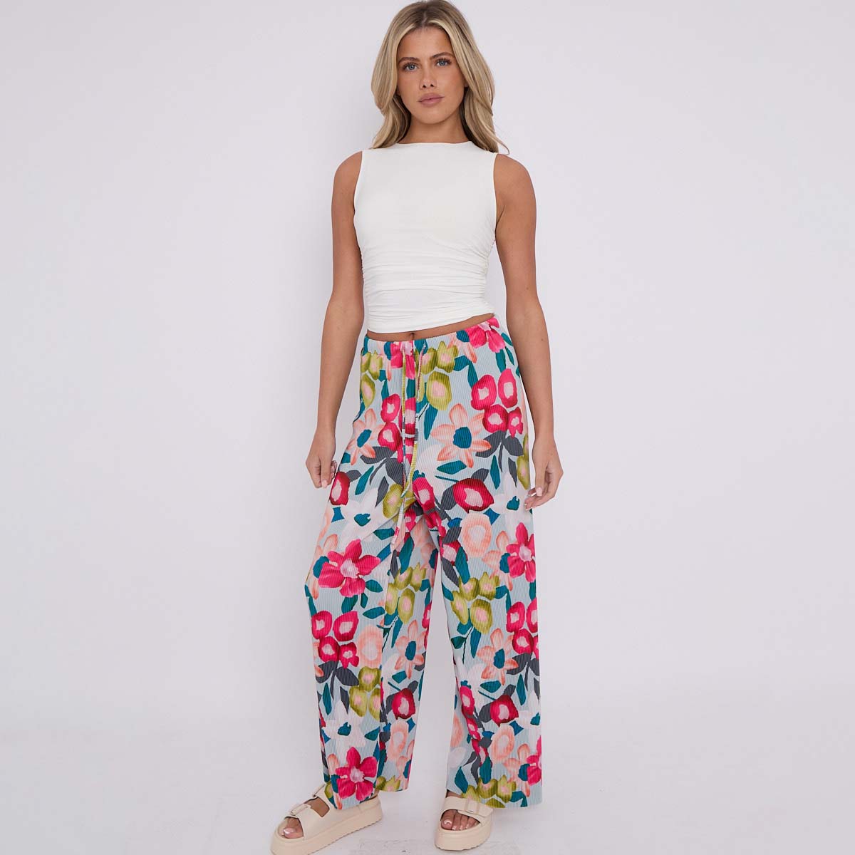 Pink Flower Print Abstract Wide-Leg Drawstring Palazzo Pleated Pants