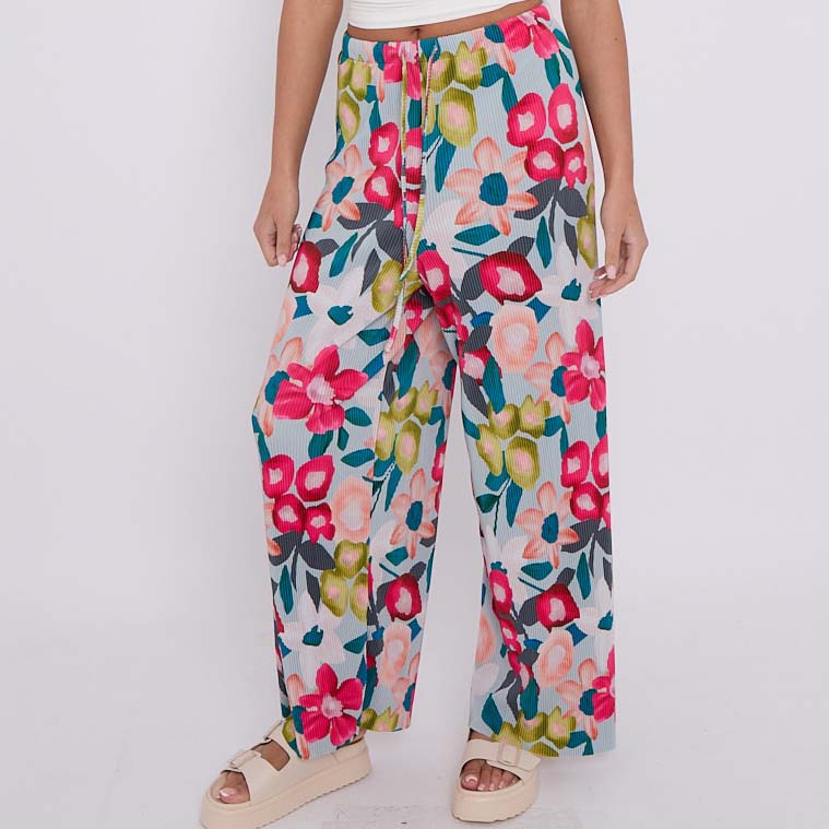 Pink Flower Print Abstract Wide-Leg Drawstring Palazzo Pleated Pants