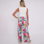 Pink Flower Print Abstract Wide-Leg Drawstring Palazzo Pleated Pants