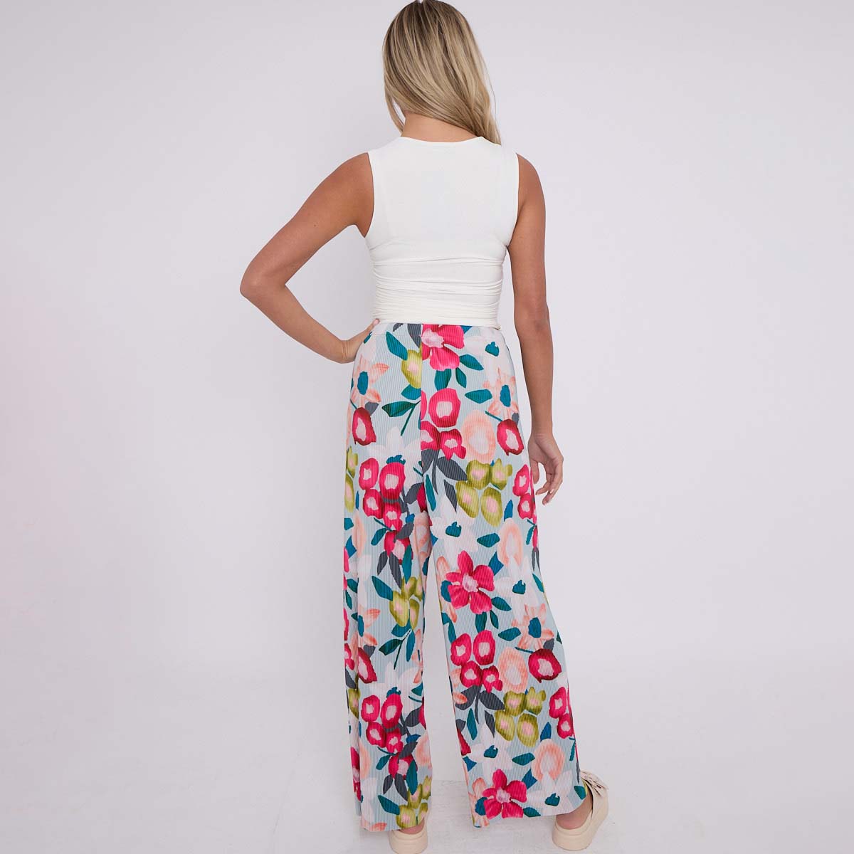 Pink Flower Print Abstract Wide-Leg Drawstring Palazzo Pleated Pants