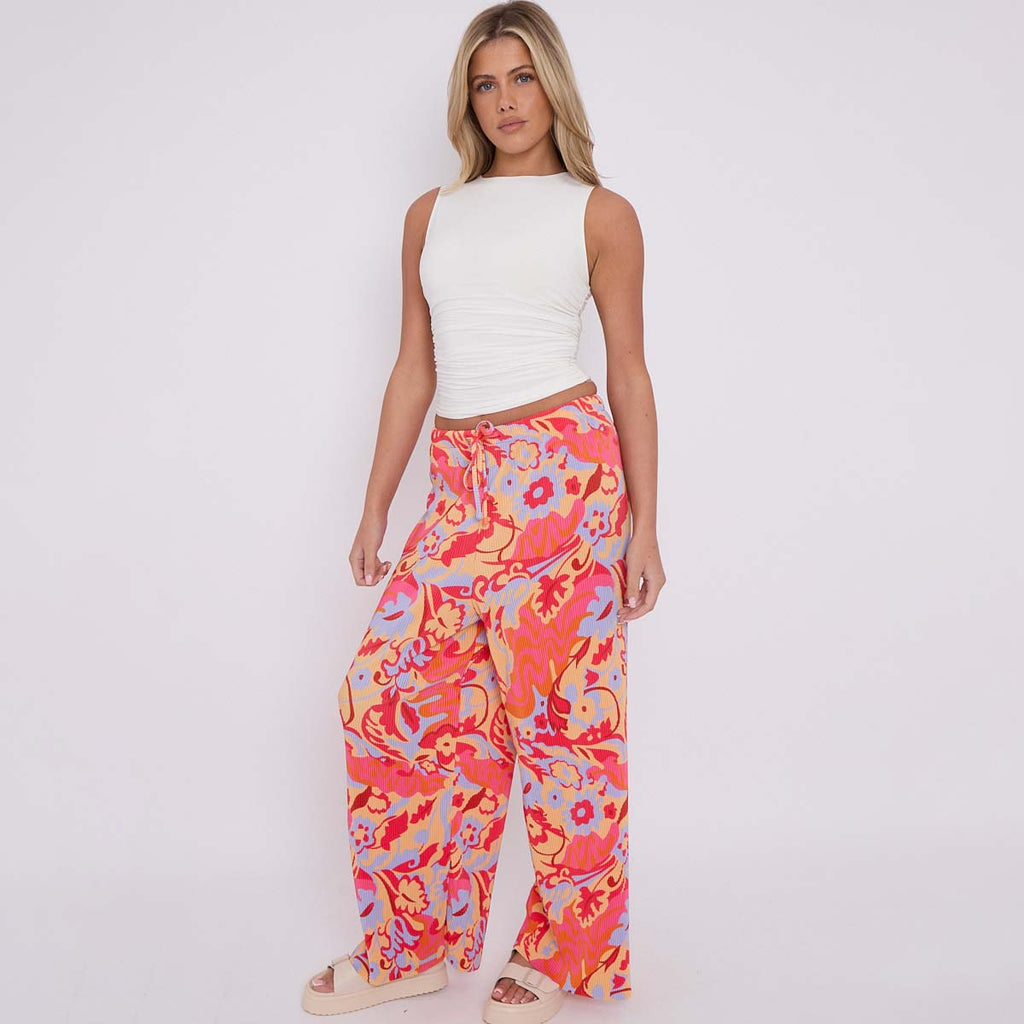Red Abstract Print Wide-Leg Drawstring Palazzo Pleated Pants