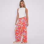 Red Abstract Print Wide-Leg Drawstring Palazzo Pleated Pants