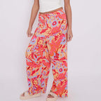 Red Abstract Print Wide-Leg Drawstring Palazzo Pleated Pants