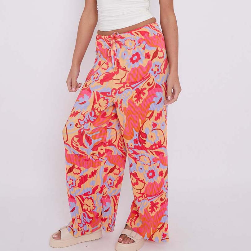 Red Abstract Print Wide-Leg Drawstring Palazzo Pleated Pants