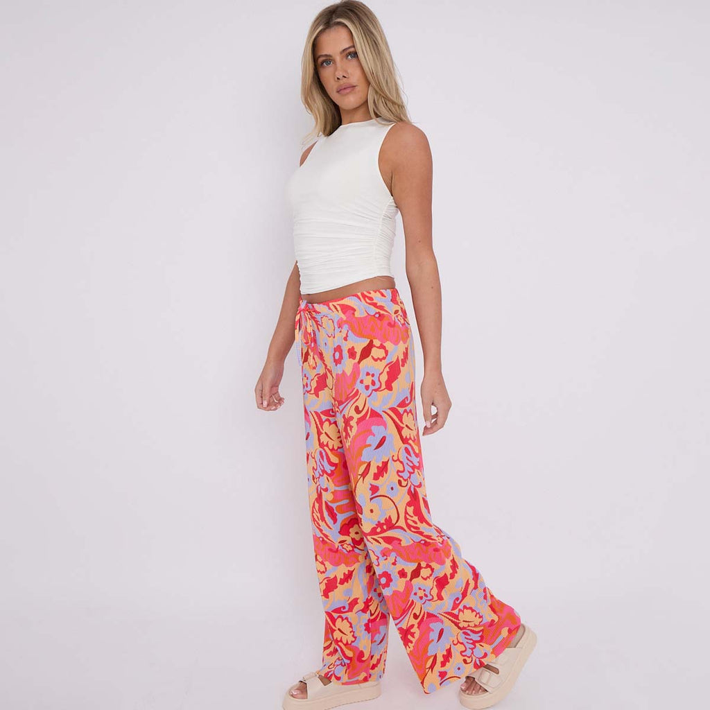 Red Abstract Print Wide-Leg Drawstring Palazzo Pleated Pants