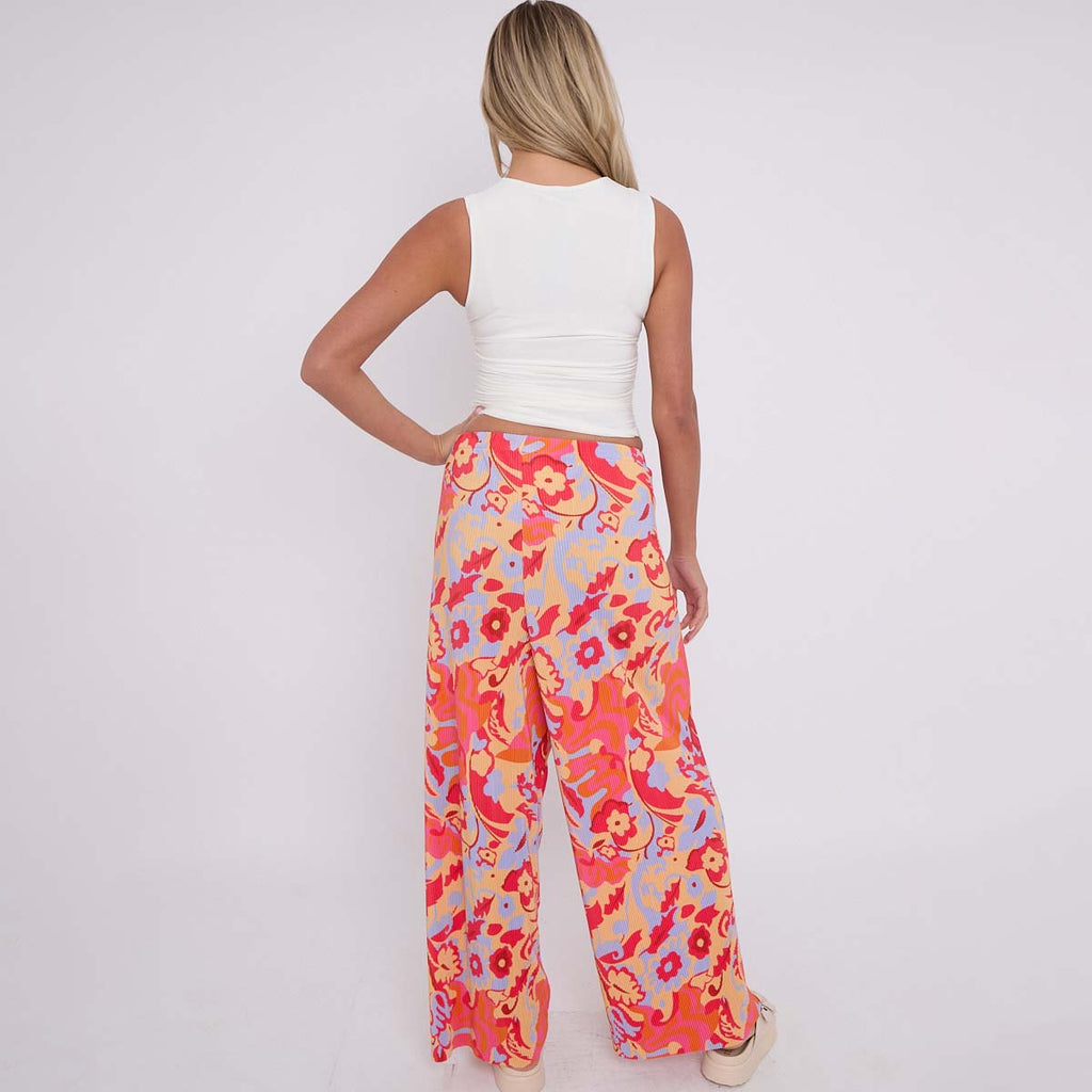 Red Abstract Print Wide-Leg Drawstring Palazzo Pleated Pants