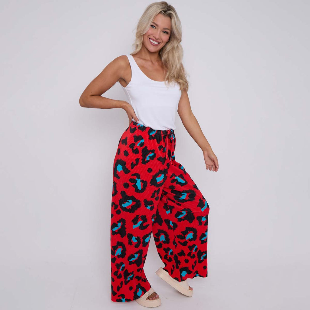 Red Leopard Abstract Print Wide-Leg Drawstring Palazzo Pleated Pants