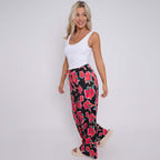 Black Flower Abstract Floral Print Wide-Leg Drawstring Palazzo Pleated Pants
