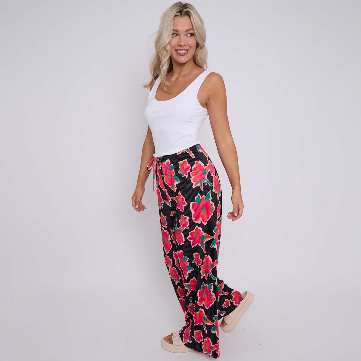 Black Flower Abstract Floral Print Wide-Leg Drawstring Palazzo Pleated Pants