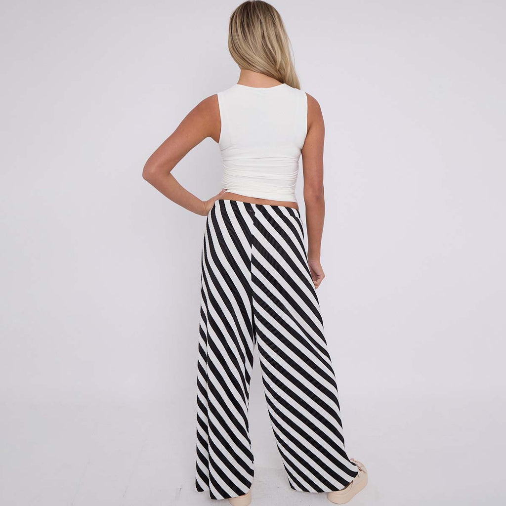 Black Zebra Abstract Print Wide-Leg Drawstring Palazzo Pleated Pants