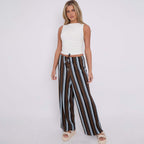 Brown Blue Abstract Print Wide-Leg Drawstring Palazzo Pleated Pants