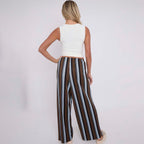 Brown Blue Abstract Print Wide-Leg Drawstring Palazzo Pleated Pants