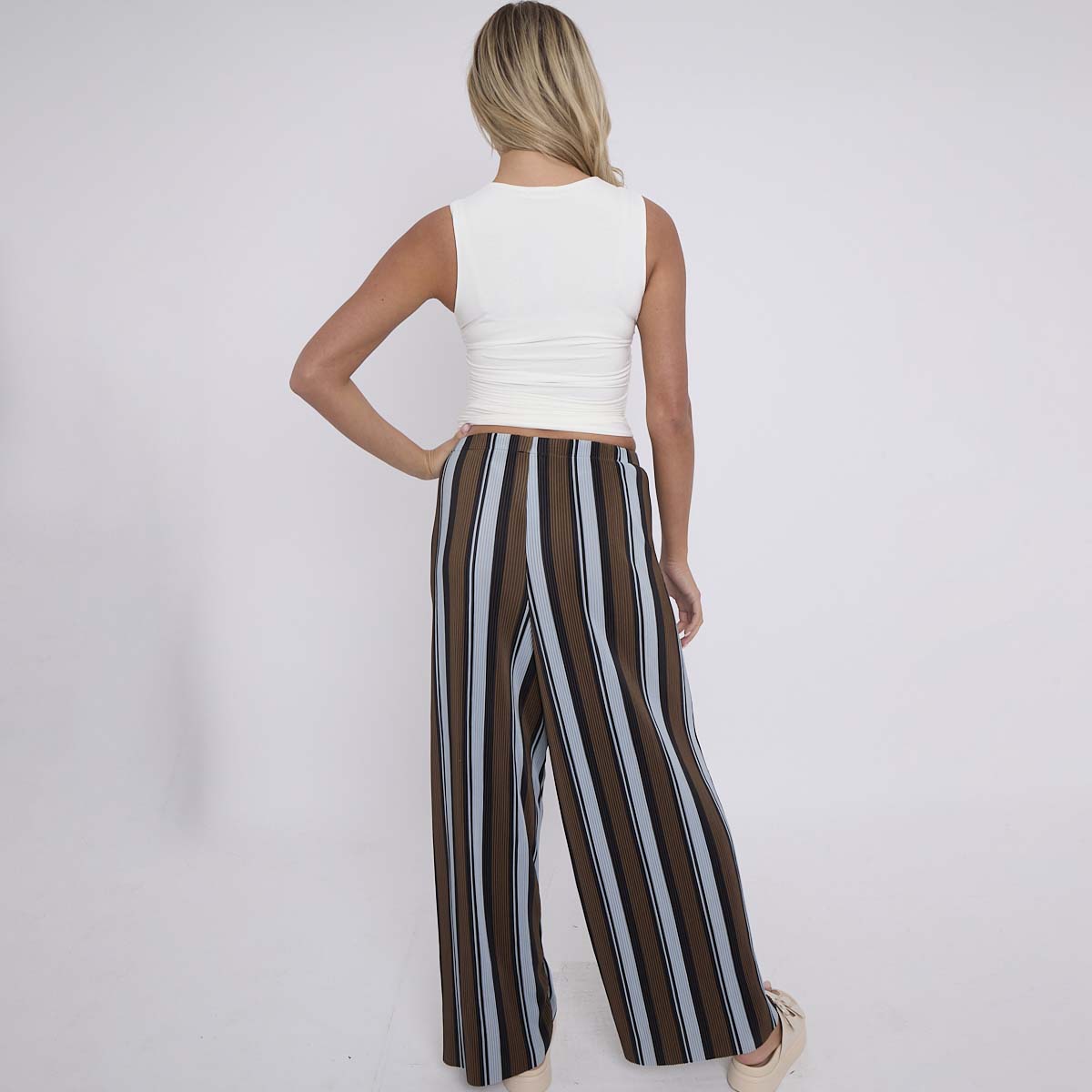 Brown Blue Abstract Print Wide-Leg Drawstring Palazzo Pleated Pants