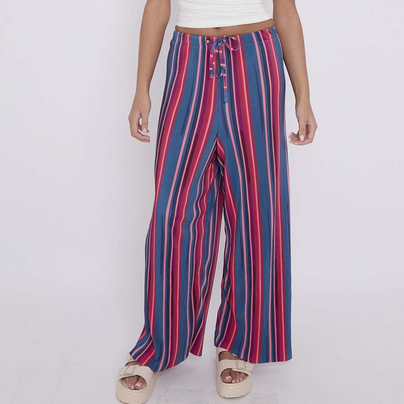 Red Blue Stripe Abstract Print Wide-Leg Drawstring Palazzo Pleated Pants