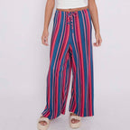 Red Blue Stripe Abstract Print Wide-Leg Drawstring Palazzo Pleated Pants