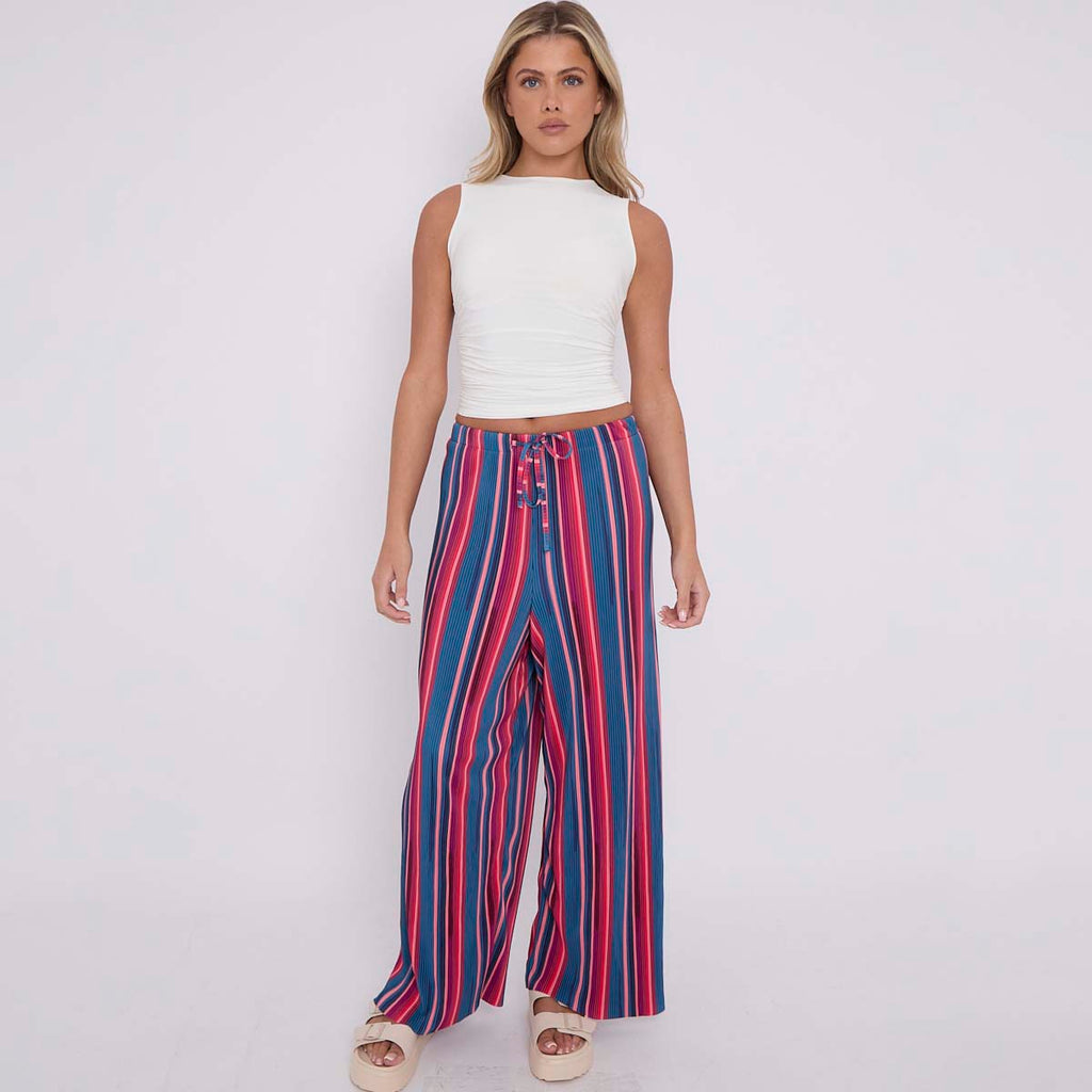 Red Blue Stripe Abstract Print Wide-Leg Drawstring Palazzo Pleated Pants