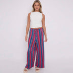 Red Blue Stripe Abstract Print Wide-Leg Drawstring Palazzo Pleated Pants