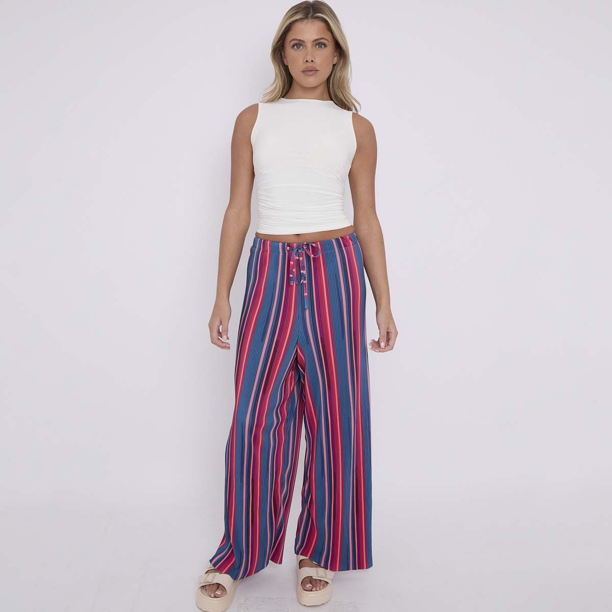 Red Blue Stripe Abstract Print Wide-Leg Drawstring Palazzo Pleated Pants