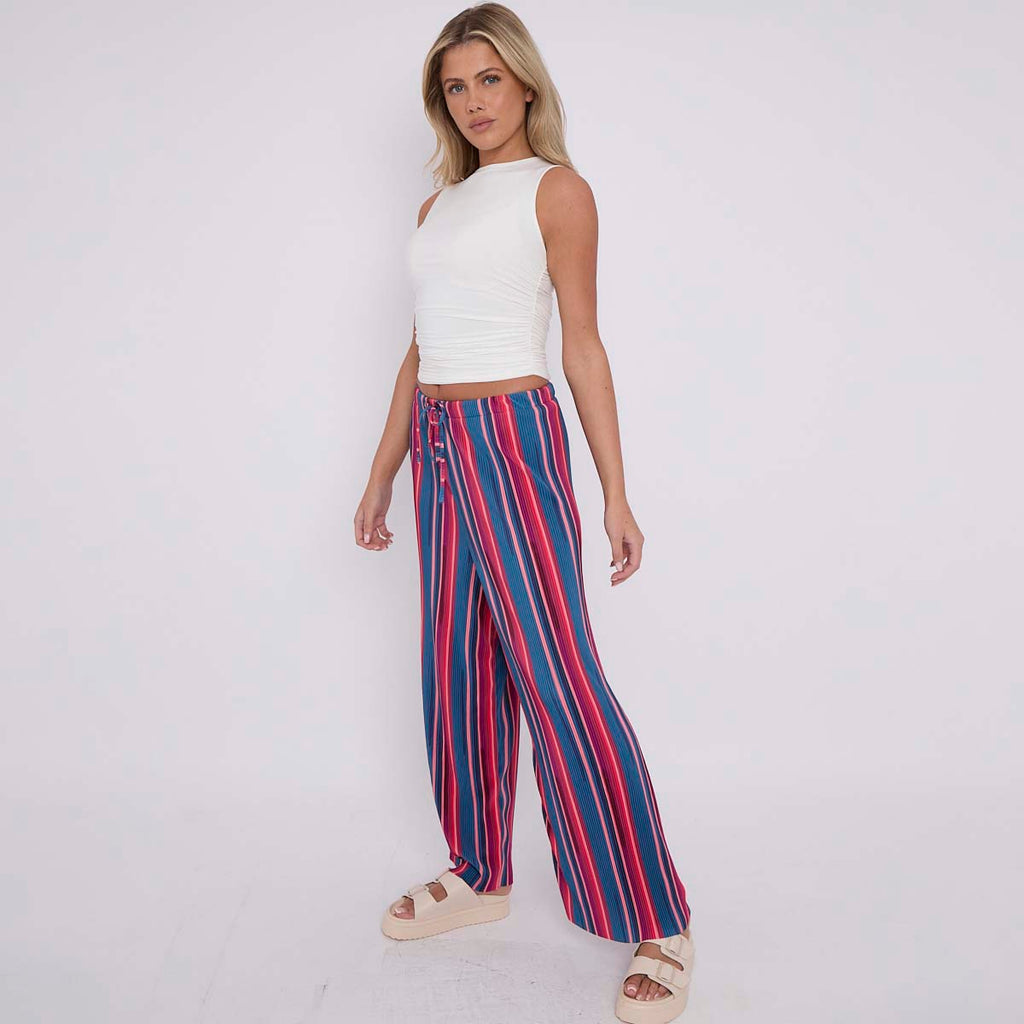 Red Blue Stripe Abstract Print Wide-Leg Drawstring Palazzo Pleated Pants