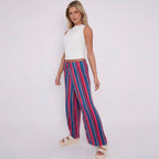 Red Blue Stripe Abstract Print Wide-Leg Drawstring Palazzo Pleated Pants
