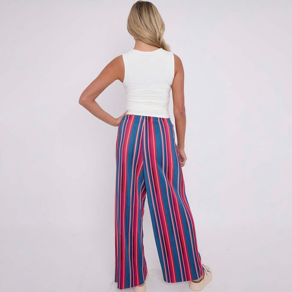 Red Blue Stripe Abstract Print Wide-Leg Drawstring Palazzo Pleated Pants