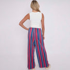 Red Blue Stripe Abstract Print Wide-Leg Drawstring Palazzo Pleated Pants