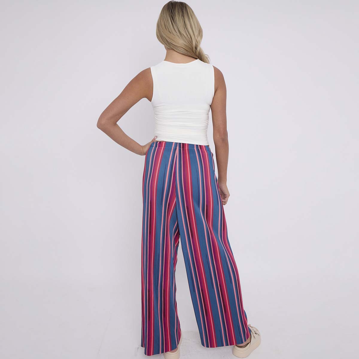 Red Blue Stripe Abstract Print Wide-Leg Drawstring Palazzo Pleated Pants