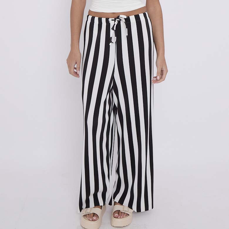 Black Stripe Abstract Print Wide-Leg Drawstring Palazzo Pleated Pants