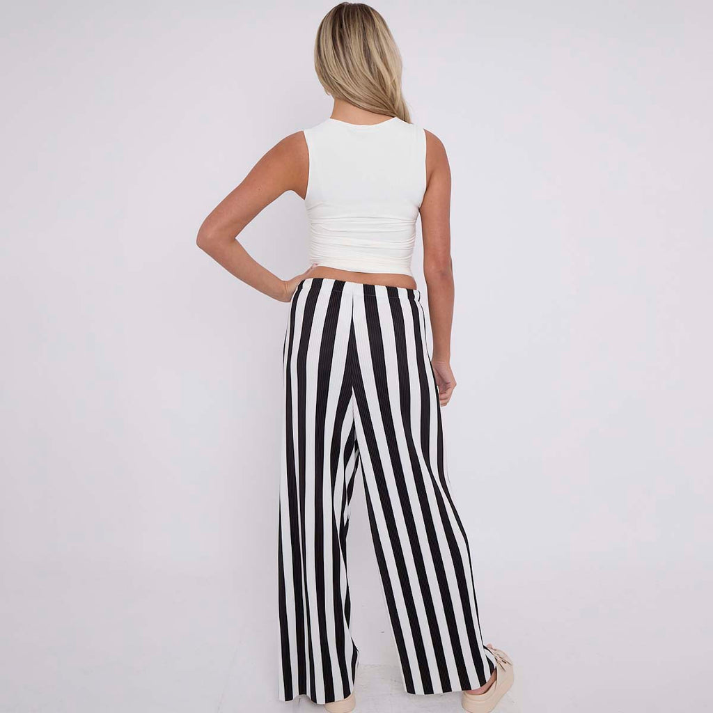 Black Stripe Abstract Print Wide-Leg Drawstring Palazzo Pleated Pants