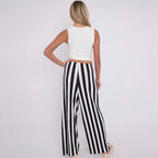 Black Stripe Abstract Print Wide-Leg Drawstring Palazzo Pleated Pants