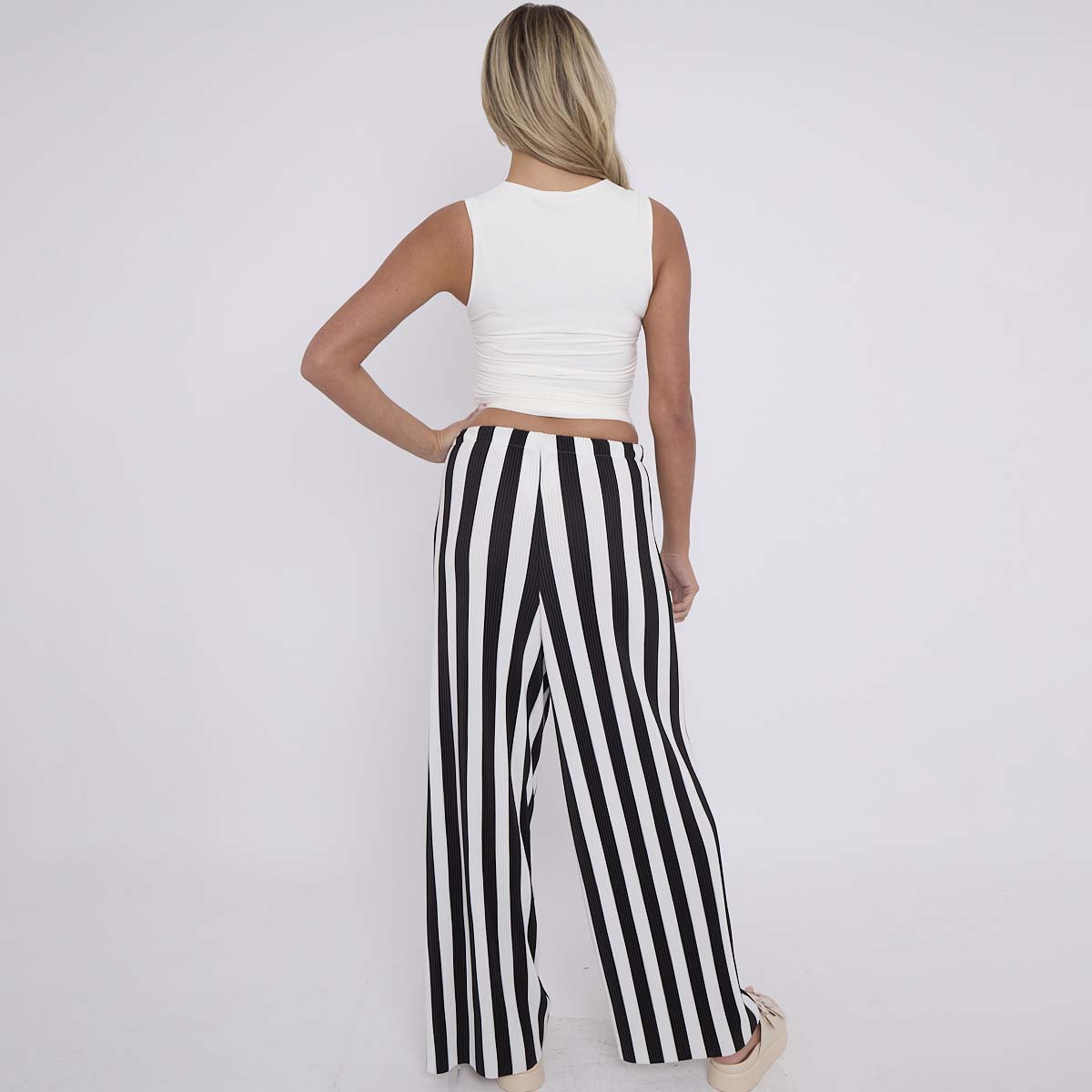Black Stripe Abstract Print Wide-Leg Drawstring Palazzo Pleated Pants
