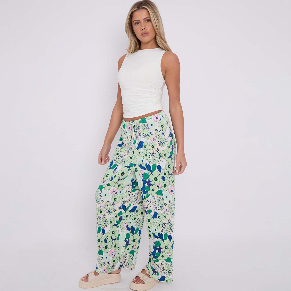 Green Floral Abstract Print Wide-Leg Drawstring Pants Palazzo Pleated Pants