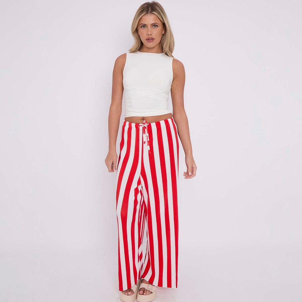 Red Stripes Abstract Print Wide-Leg Drawstring Palazzo Pleated Pants