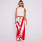 Red Stripes Abstract Print Wide-Leg Drawstring Palazzo Pleated Pants